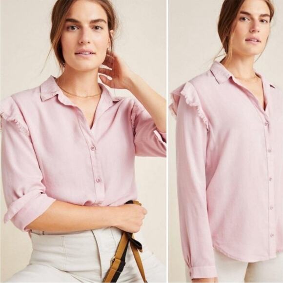 Anthropologie | Women’s Cloth & Stone Ruffled Shoulder Button Front Shirt Top L - Picture 1 of 9